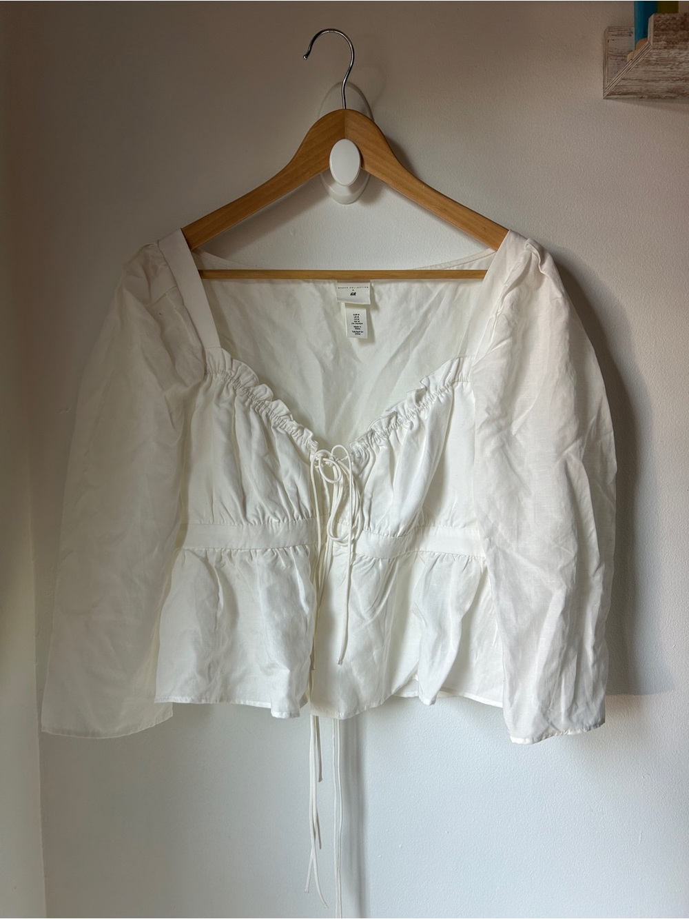 H&M x Brock Linen White Peasant Tie-Front Blouse